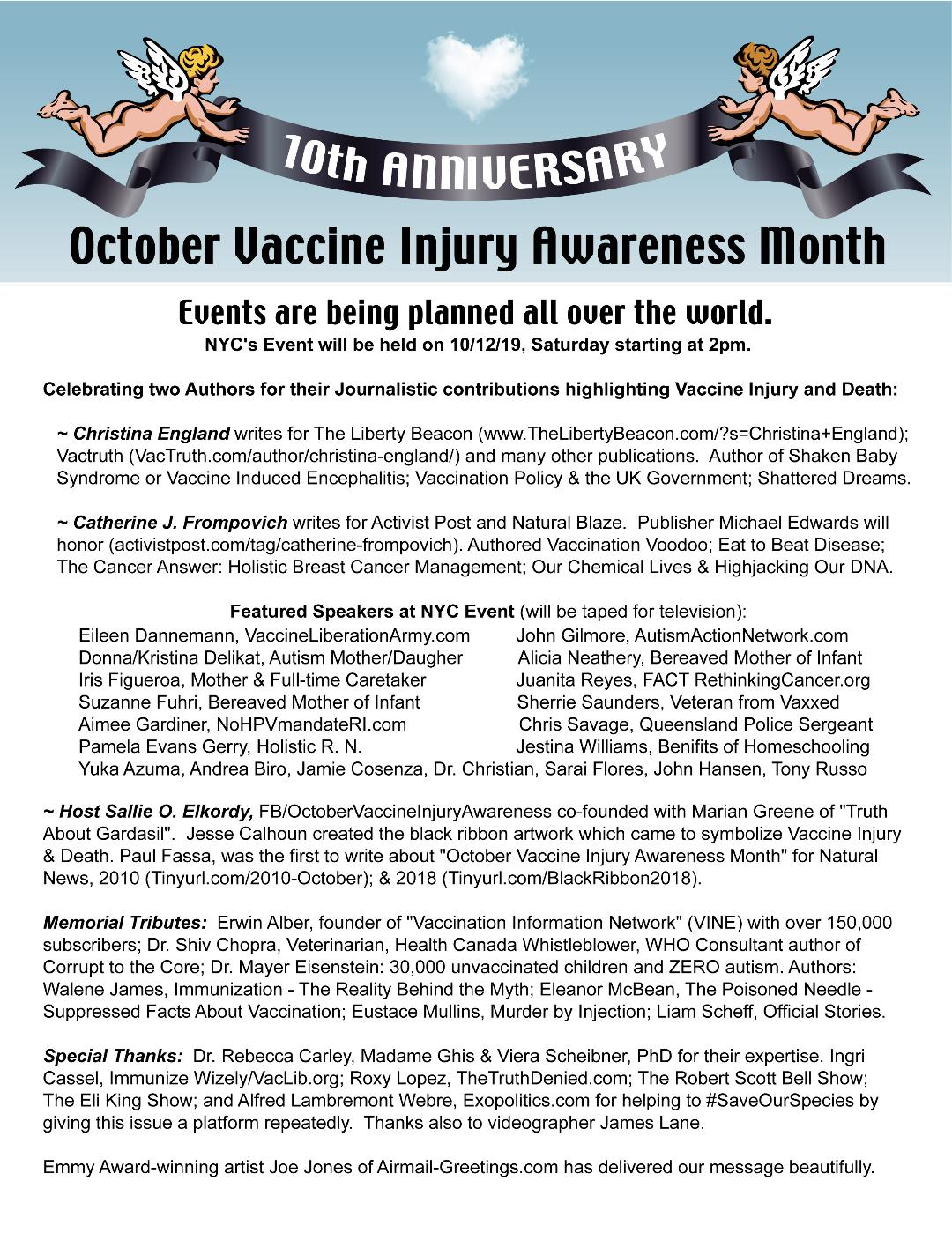 What Event are YOU planning for the 10th Anniversary of OCTOBER Vaccine Injury Awareness Month? ~ NYC Event 10/12/19
